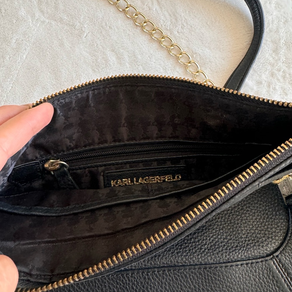 KARL LAGERFELD Black Leather Gold Chain Shoulder Bag Crossbody - Picture 4 of 9